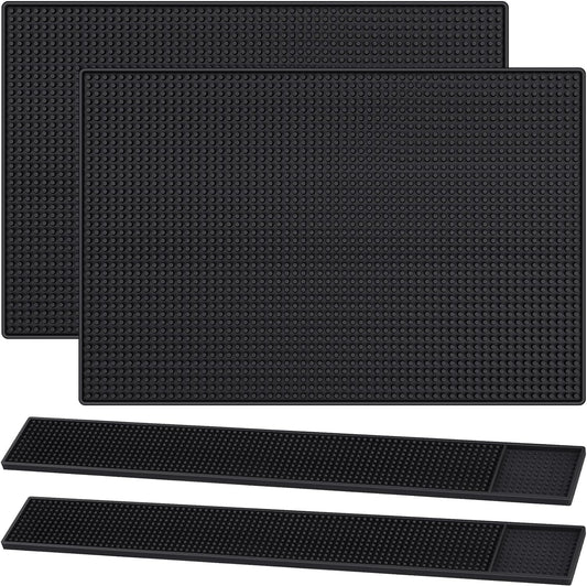 4 Pcs Thick Rubber Bar Mats for Bartending, Durable Non-Slip Spill Mat for Countertop, Home Kitchen, Coffee Bars, and Restaurants Accessories, Black(18" X 12"+24" X 3")