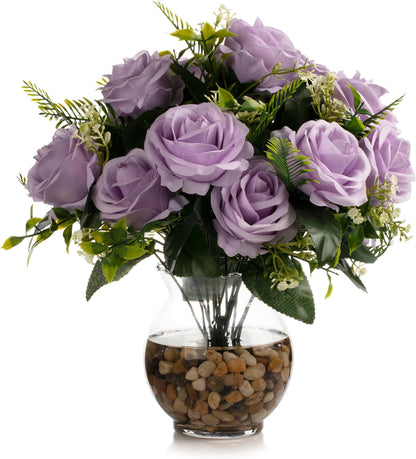 ENOVA FLORAL 18 Heads Silk Rose Artificial Flowers in Vase,Faux Rose Flowers Arrangement in Round Bowl Vase with Faux Water and River Rock for Table Decor Centerpieces (Lavender Purple)