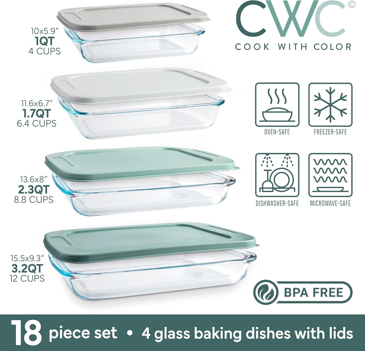 COOK WITH COLOR 8-Piece Deep Glass Baking Dish Set with Plastic Lids – Casserole and Food Storage Containers for Lasagna, Leftovers – Freezer-to-Oven, Microwave & Dishwasher Safe, Sage