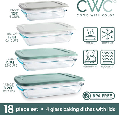 COOK WITH COLOR 8-Piece Deep Glass Baking Dish Set with Plastic Lids – Casserole and Food Storage Containers for Lasagna, Leftovers – Freezer-to-Oven, Microwave & Dishwasher Safe, Sage