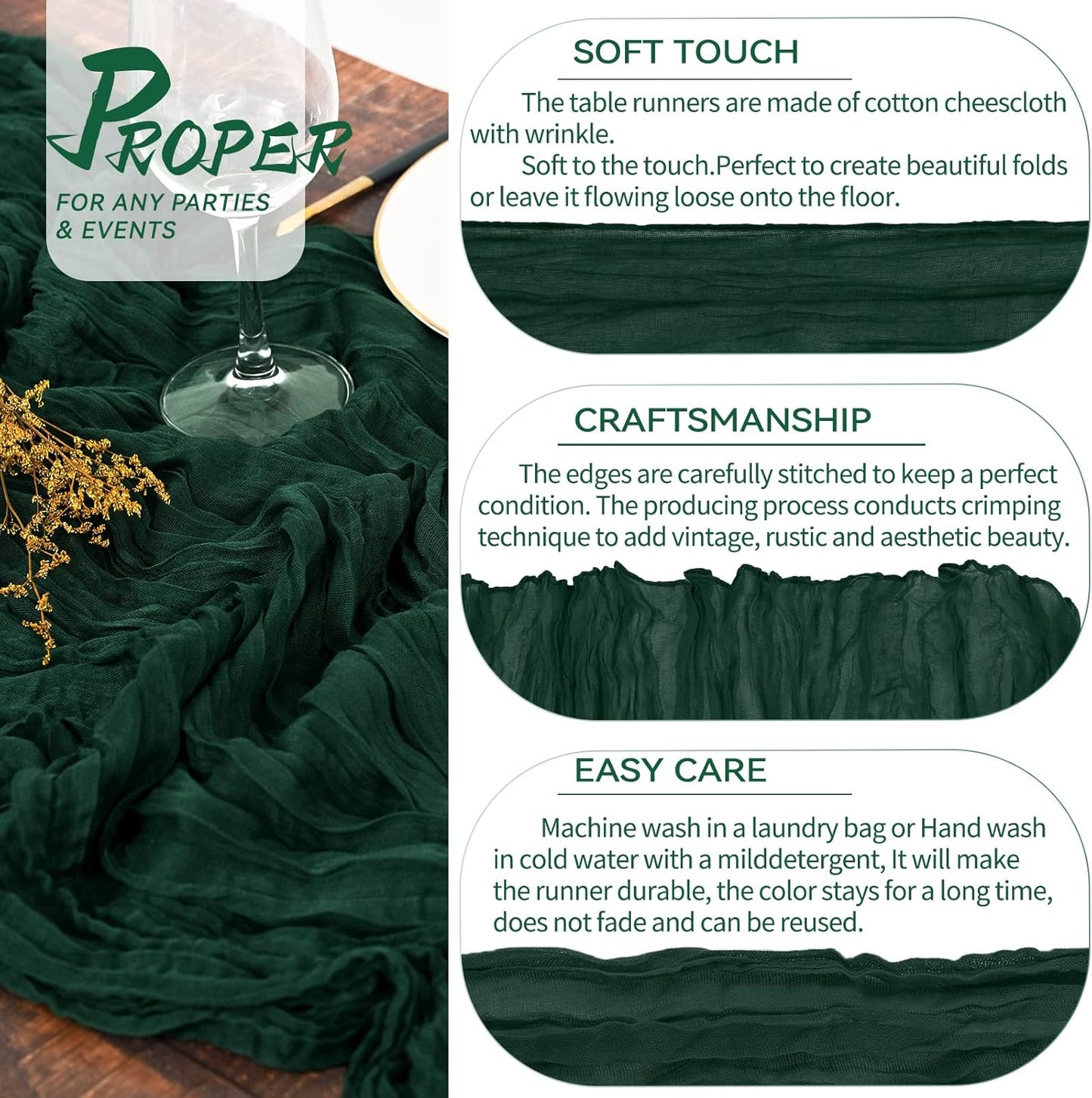 15 Packs Cheesecloth Table Runner Emerald Green,13 Ft Dark Green Rustic Gauze Boho Wedding Table Runner Decoration, Wedding Table Decor for Wedding Party Bridal Shower Table,21.5x157in