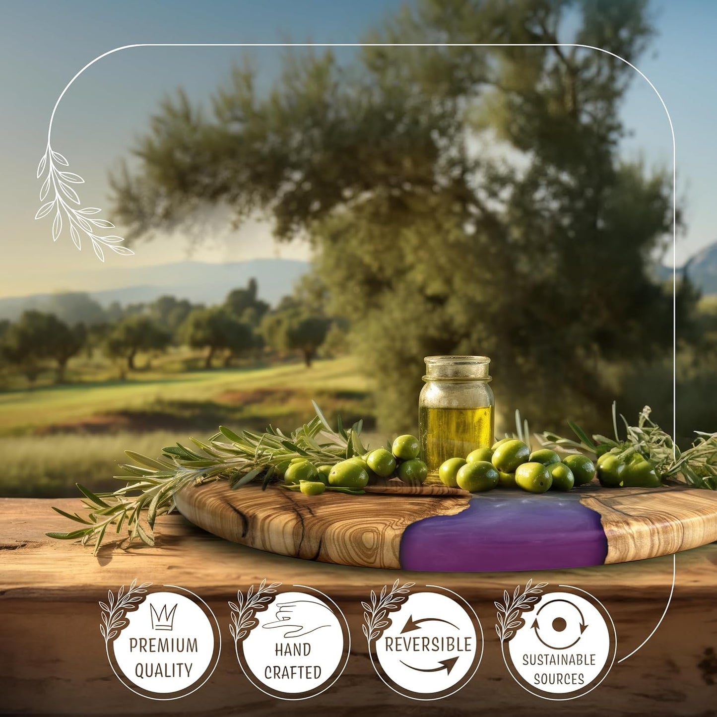 Handmade Olive Wood Round Cutting Board Resin Round Charcuterie Board, Epoxy Wood Cutting Board for Kitchen, Ocean Resin Cheese Board Wood Circle, Olive Wood Resin Pizza Board (Romance)