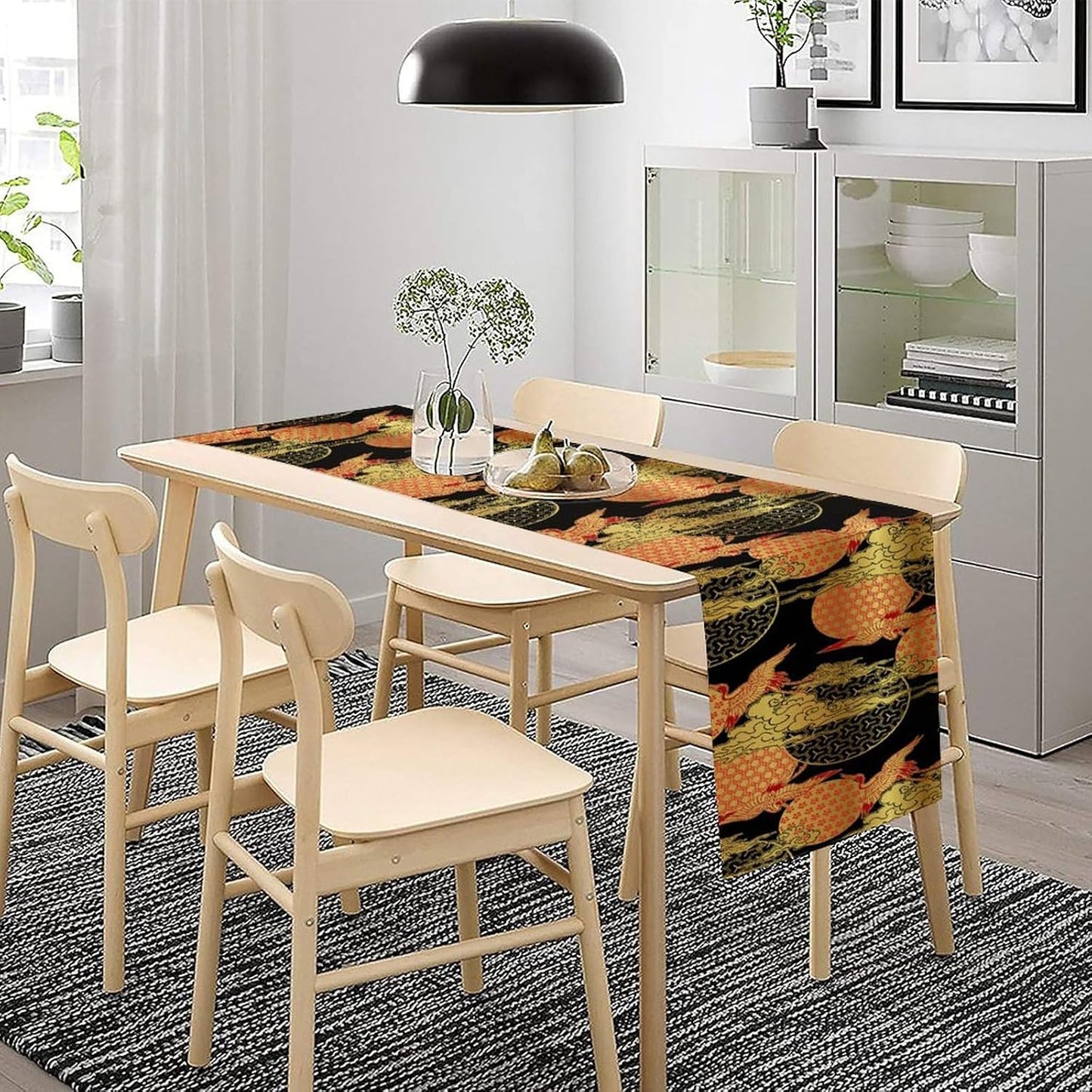 Japanese Crane Table Runner, Luxury Asian Style Oriental Line Art Abstract Geometry Glod Wave Traditional Elements Table Runner for Kitchen Home Party Dinner Set, 13x120 Inch