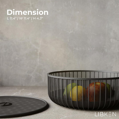 Metal Fruit Bowl with Mesh Lid and Basket - Fruit and Vegetable Holder For Kitchen Counter - Countertop Display Baskets Organizer - Bowl Storage for Veggie, Fruits, Snack, and Banana - Black