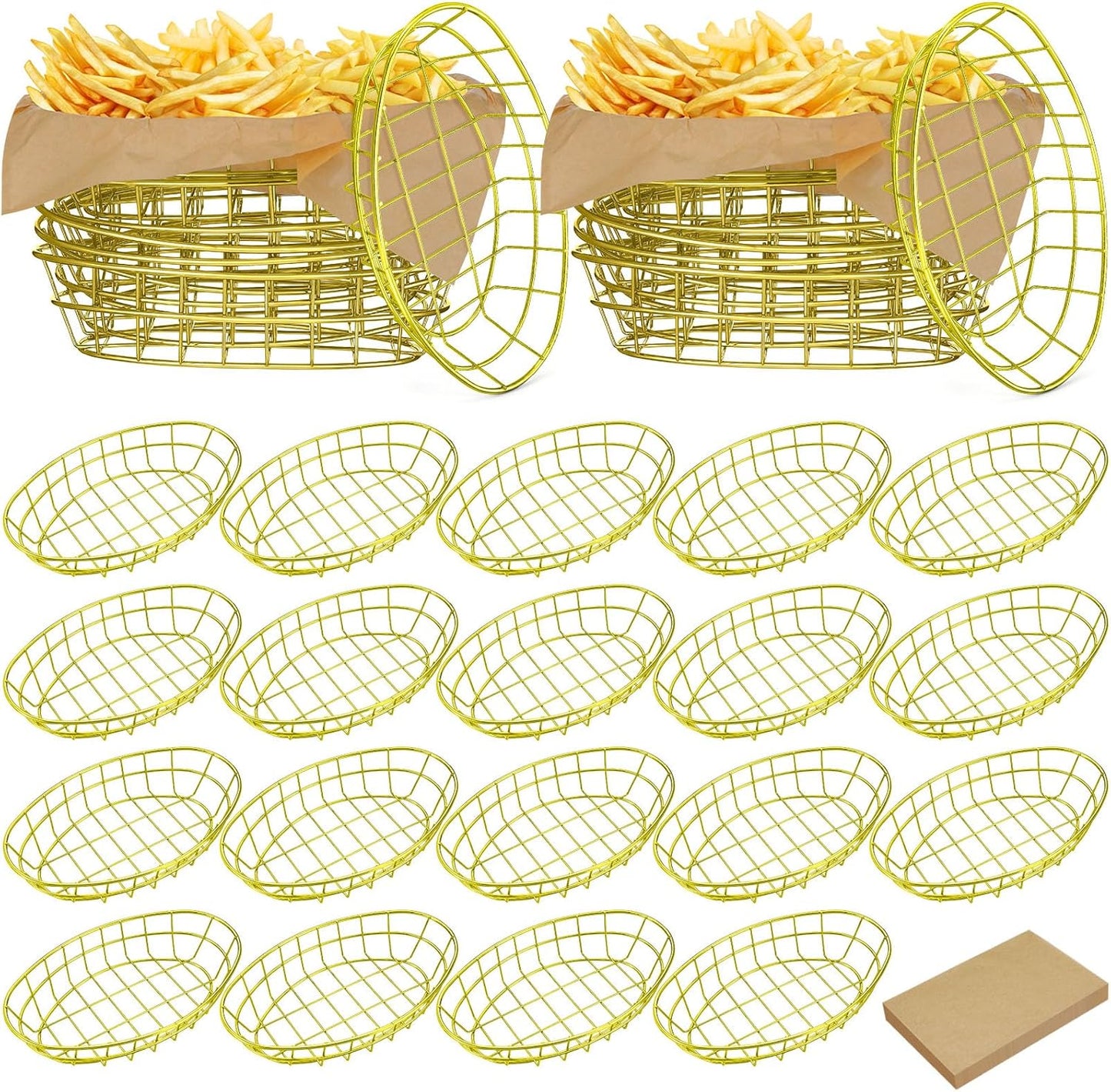 Hushee 24 Pcs Gold Wire Bread Basket 9. 5 x 6. 2 x 2. 2 Inch Oval Metal Dinner Roll Baskets Storage with 100 Sheets Deli Wrappers Paper for Kitchen Table Fast Food