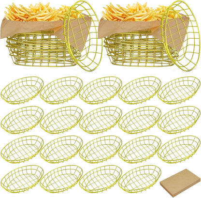 Hushee 24 Pcs Gold Wire Bread Basket 9. 5 x 6. 2 x 2. 2 Inch Oval Metal Dinner Roll Baskets Storage with 100 Sheets Deli Wrappers Paper for Kitchen Table Fast Food