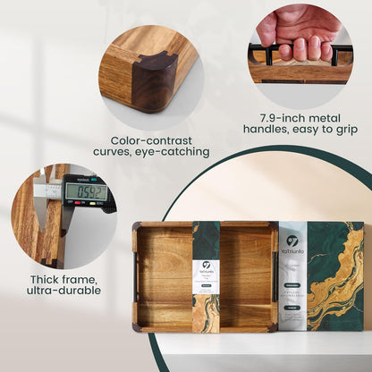 Wood Serving Tray with Handles, 17"x13" Large Decorative Ottoman Tray for Coffee Table, Walnut and Acacia Wooden Serving Trays for Party, Home Decor Rectangular Platters with 3 Silicone Mats