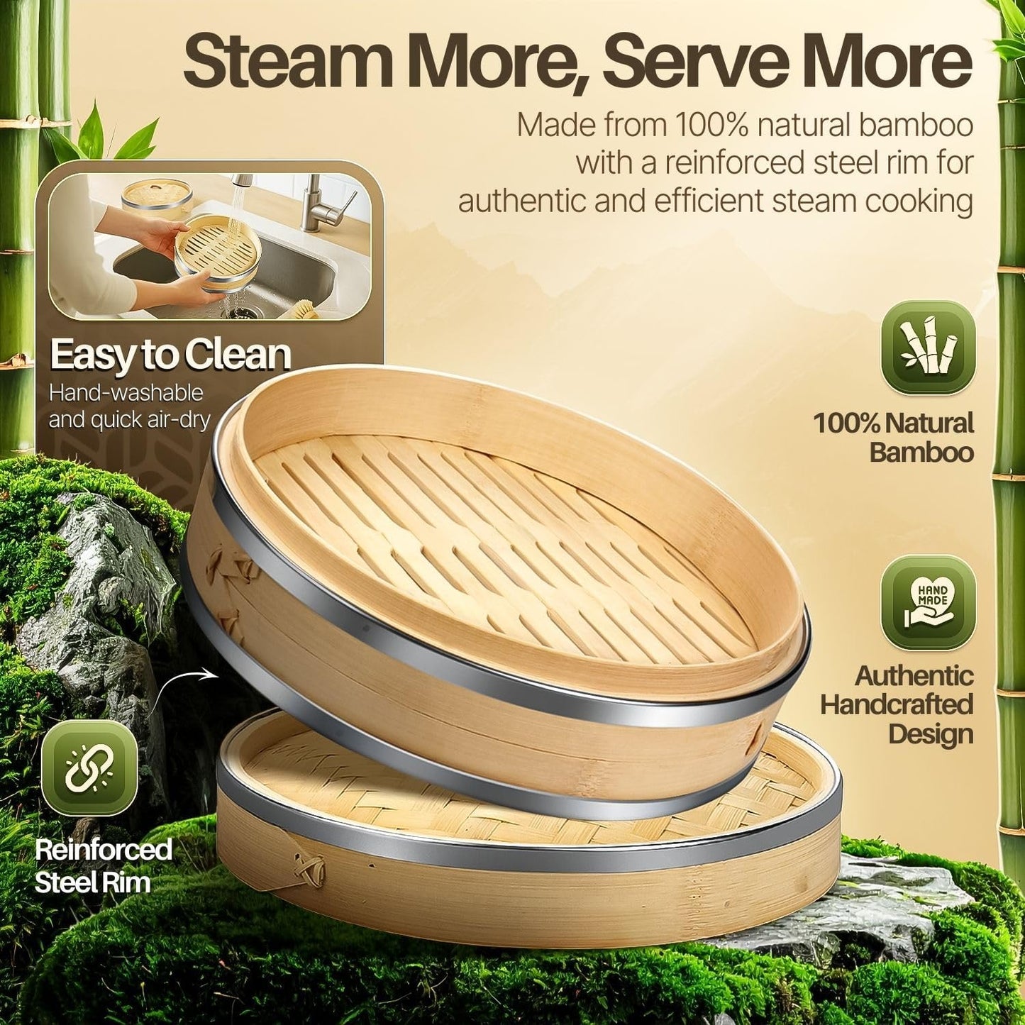 Flexzion Bamboo Steamer Basket Set (10 inch) with Stainless Steel Banding, 50 x Steamer Liners and 2 Pairs of Chopsticks, Steam Baskets for DimSum Dumplings, Rice, Vegetables, Fish and Meat