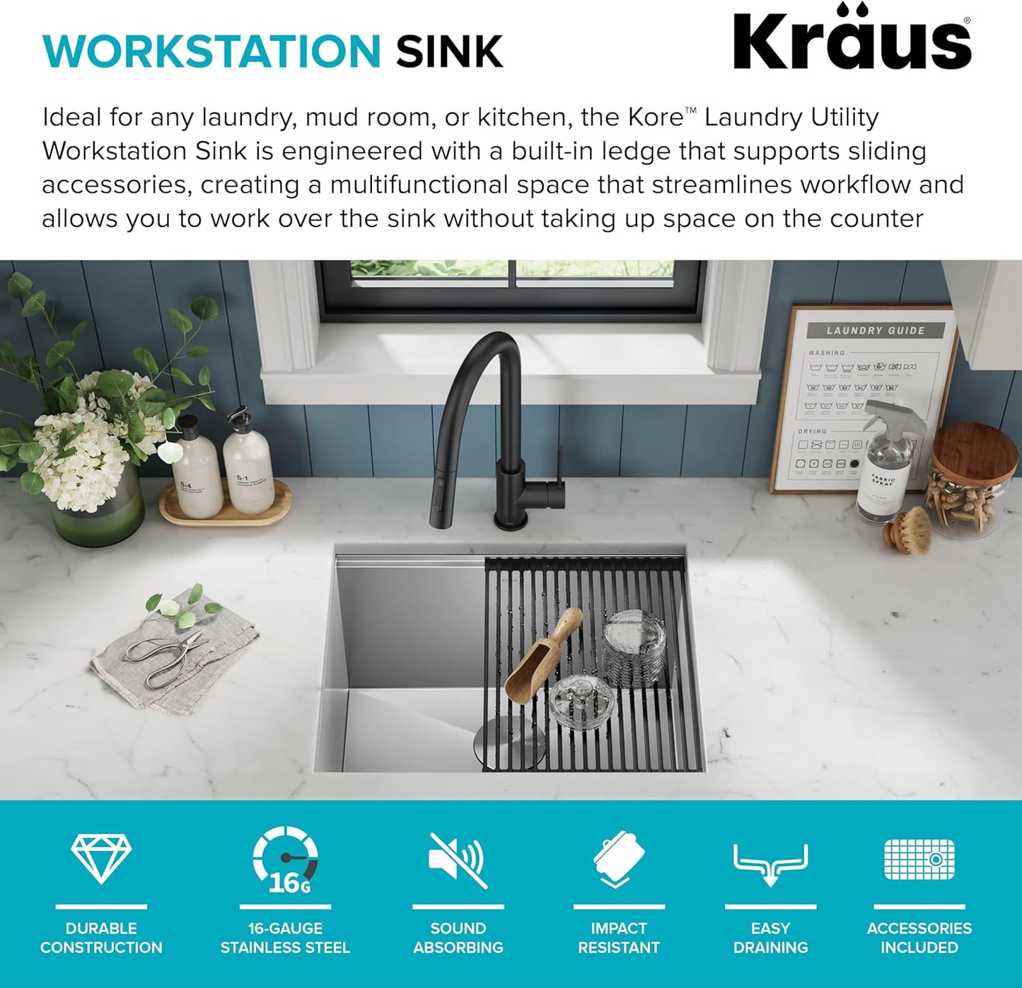 KRAUS Kore 23-Inch Undermount Workstation Single Bowl 16 Gauge Deep Laundry Utility Stainless Steel Kitchen Sink with Accessories, KWU100-23L
