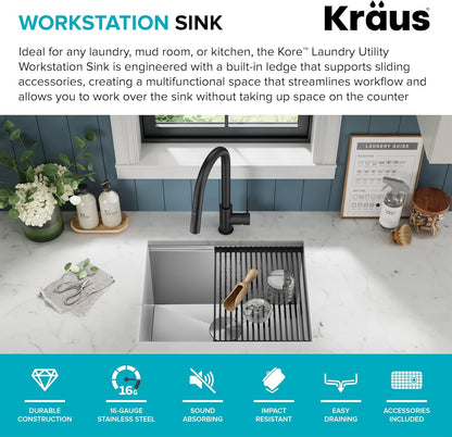 KRAUS Kore 23-Inch Undermount Workstation Single Bowl 16 Gauge Deep Laundry Utility Stainless Steel Kitchen Sink with Accessories, KWU100-23L