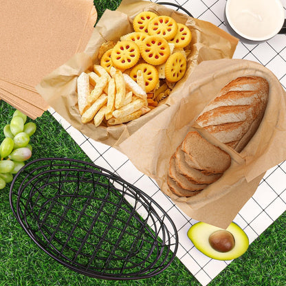 13 Pack Wire Bread Basket with 50 Sheets Deli Wrappers Paper, 9.65 x 6.1 x 2.17 Inch Metal Oval Bread Basket for Food & Fruit Serving – Durable Black Wire Baskets for Home & Kitchen