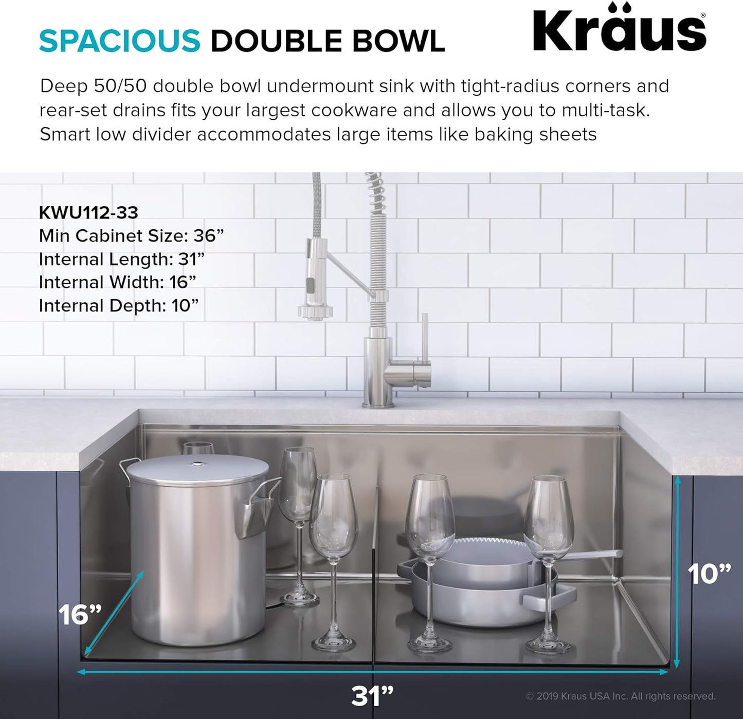 KRAUS Kore™ Workstation 33-inch Undermount 16 Gauge Double Bowl Stainless Steel Kitchen Sink with Accessories (Pack of 8) with WasteGuard™ Continuous Feed Garbage Disposal, KWU112-33-100-75MB
