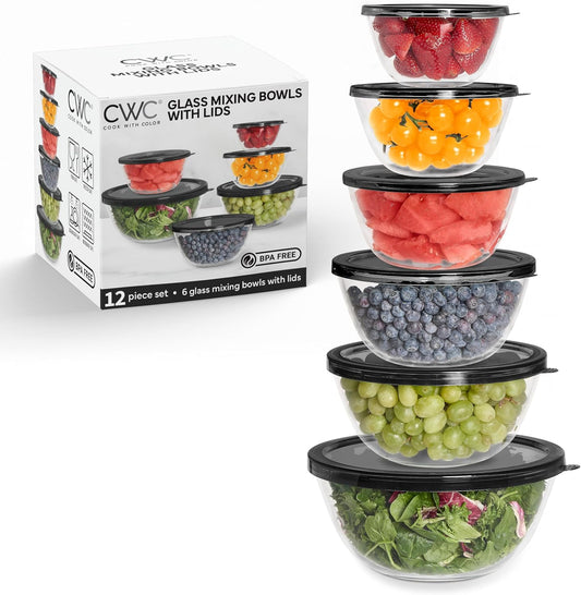 COOK WITH COLOR 12 Pc Glass Mixing Bowl Set with Lids – Borosilicate Glass Nesting Bowls for Cooking, Baking and Meal Prep, Black