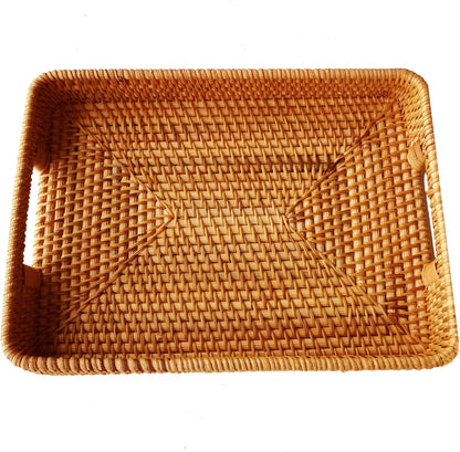 i-lan 2 Pack Natural Rattan Serving Trays with Handles – Handwoven Rectangular Wicker Baskets for Food, Bread, Fruit | Decorative Storage & Table Organizer with 2-Inch Wall (Small + Large)