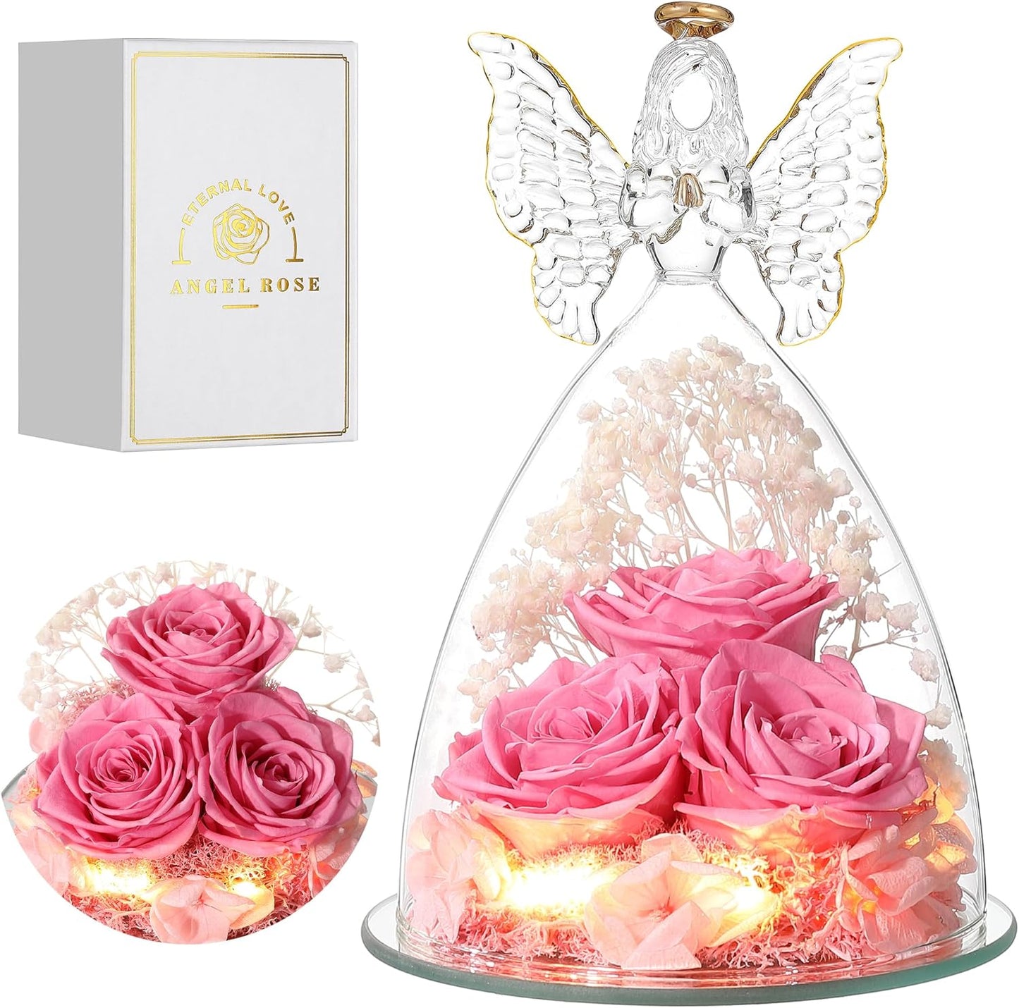 Christmas Rose Gifts for Women Preserved Real Flower in Glass Angel Figurines Roses for Delivery Prime Birthday Gifts for Mom Grandma Girlfriend Wife Her, Sweet Pink