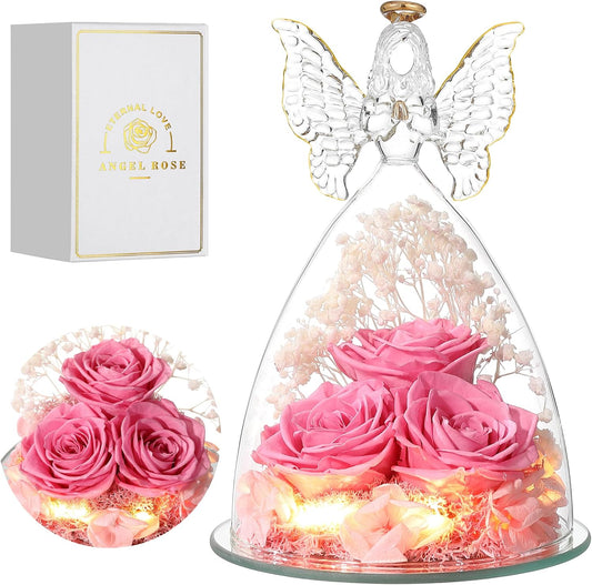 Christmas Rose Gifts for Women Preserved Real Flower in Glass Angel Figurines Roses for Delivery Prime Birthday Gifts for Mom Grandma Girlfriend Wife Her, Sweet Pink