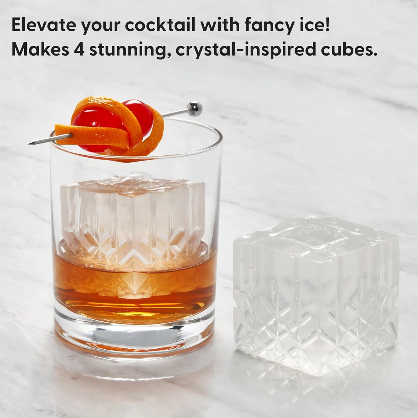 W&P Crystal Ice Tray, Perfect Etched Large Cubes, Slow Melting for Whiskey and Cocktails, Food Grade Premium Silicone, Dishwasher Safe, BPA Free
