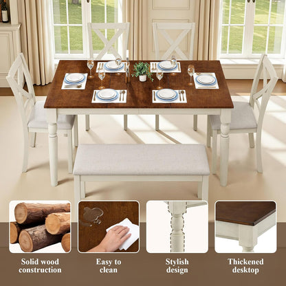 6-Piece Solid Wood Dining Table Set, Upholstered Chair w/Bench Seat, Seating for 6,60'' Farmhouse Wood Kitchen Chairs Set for Living Room, Dining Room, Kitchen, Cream White