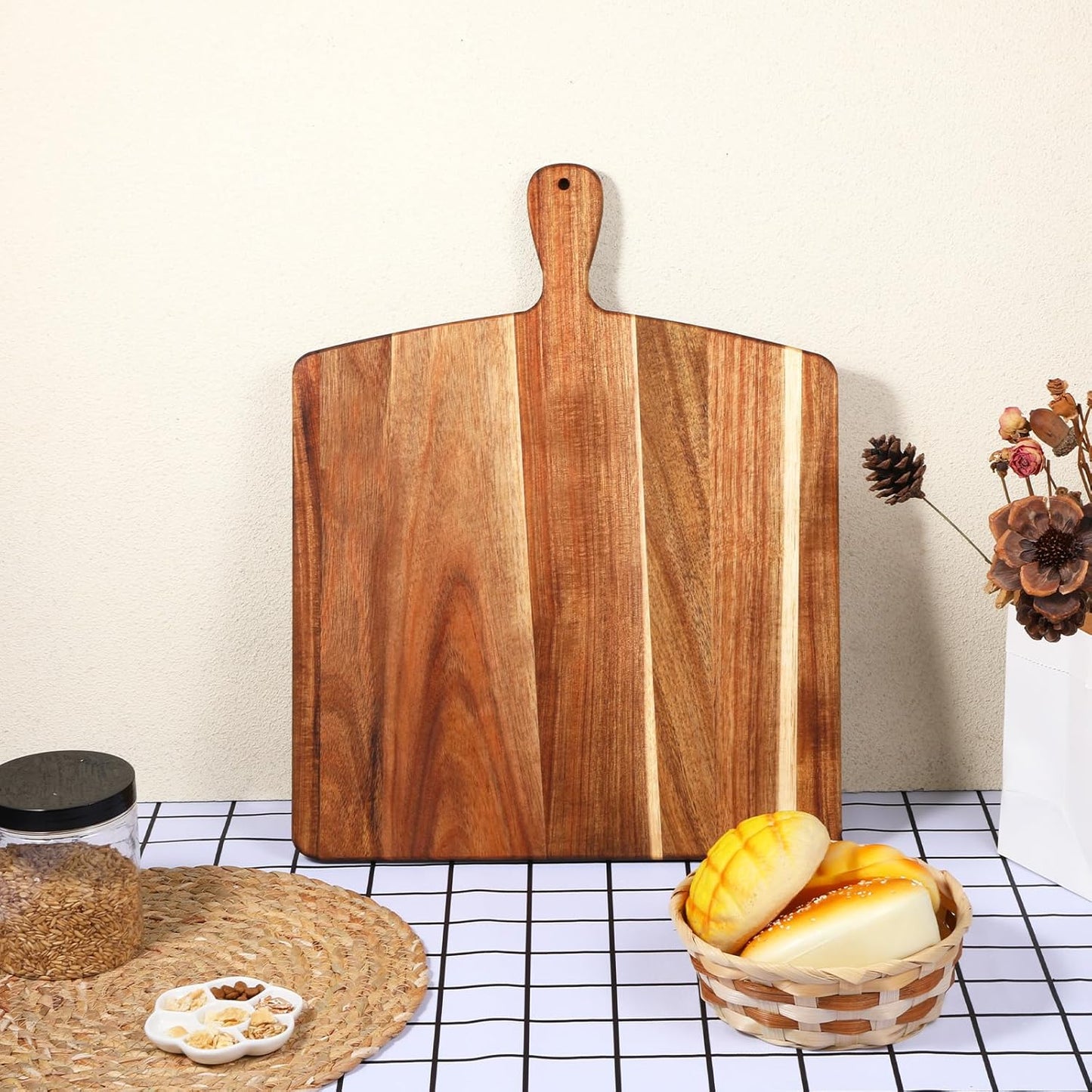 16.5"x13" Acacia Wood Cutting Board with Handle, Wooden Charcuterie Boards, Thick Chopping Board, Bread Cheese Pizza Serving Platter Butcher Block, Vegetables Fruits Serving Tray