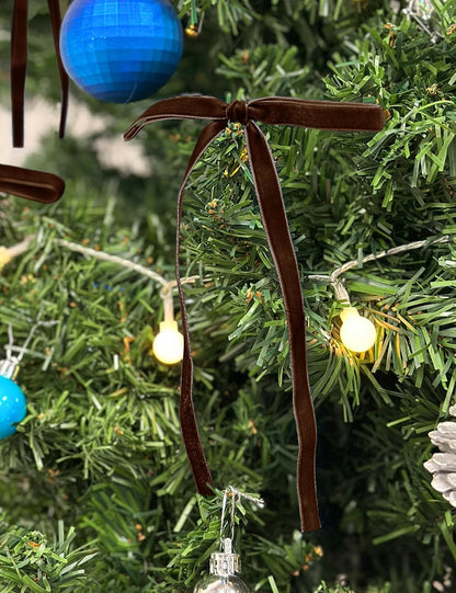 SIMISI RIBBON 24Pcs Brown Christmas Velvet Ribbon Bows Decorations Xmas Ornaments Vintage Decor for Tree, Wreath, Garland (3/8'' Width, 5 * 7 inch)