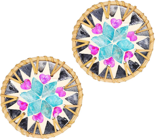 uxcell 2Pcs Handmade Woven Rattan Coasters, Heat-Resistant Drink Coasters for Coffee Table Dining Room Kitchen Coffee Wine Decor, Blue Diamond