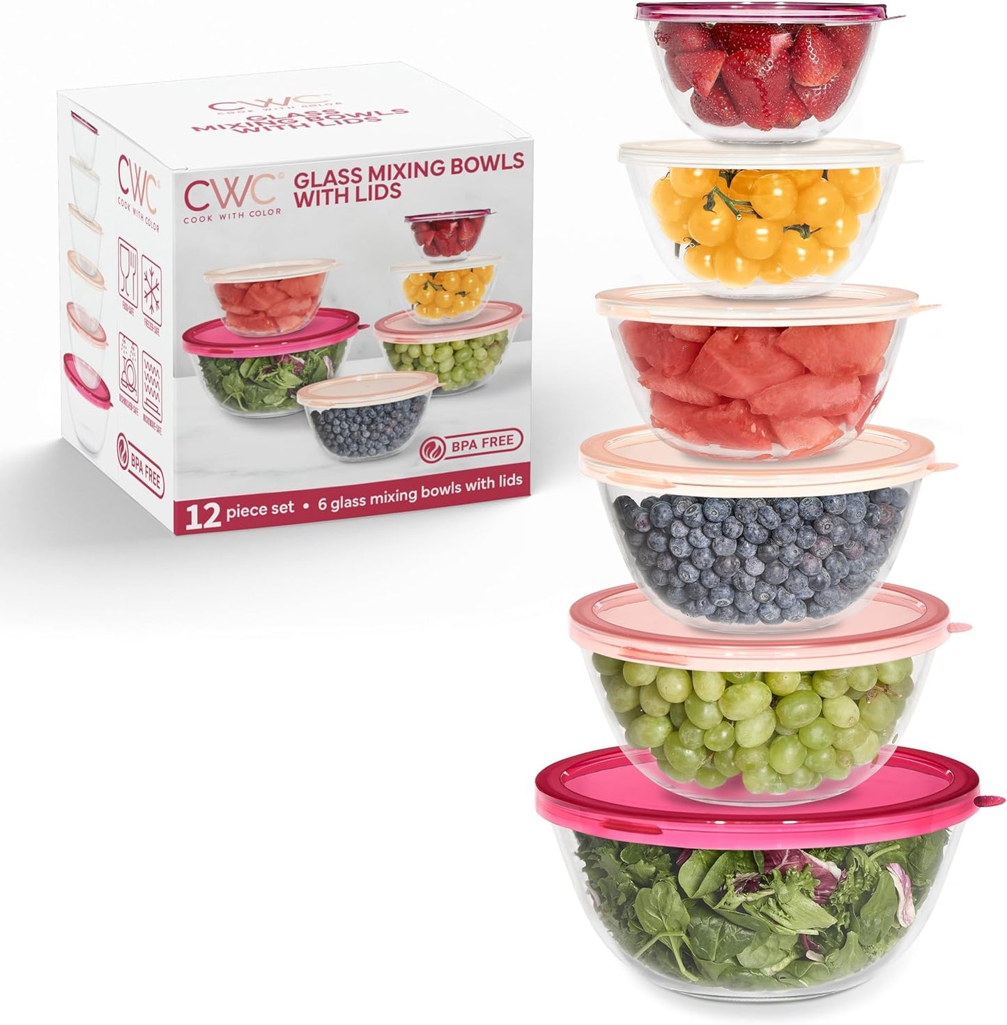 COOK WITH COLOR 12 Pc Glass Mixing Bowl Set with Lids – Borosilicate Glass Nesting Bowls for Cooking, Baking and Meal Prep, Rose