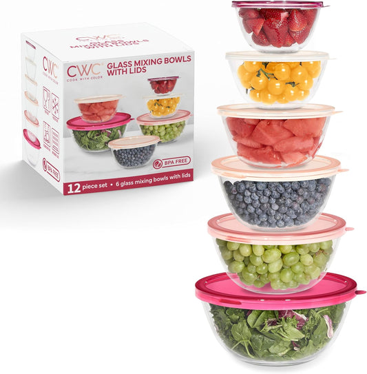 COOK WITH COLOR 12 Pc Glass Mixing Bowl Set with Lids – Borosilicate Glass Nesting Bowls for Cooking, Baking and Meal Prep, Rose