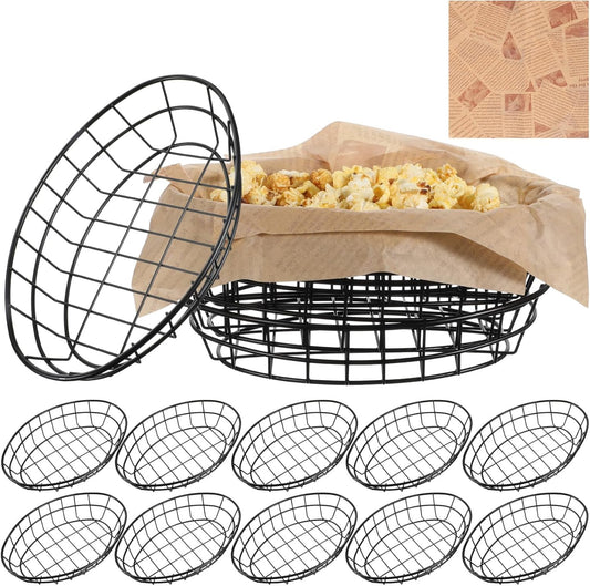 12 Pcs Wire Bread Basket 9.5 x 6.2 x 2.2 Inch Oval Metal Dinner Roll Baskets for Serving Fruit Bowl Storage with 50 Sheets Deli Wrappers Paper for Kitchen Table Fast Food(Black,9.5 x 6.2 x 2.2)