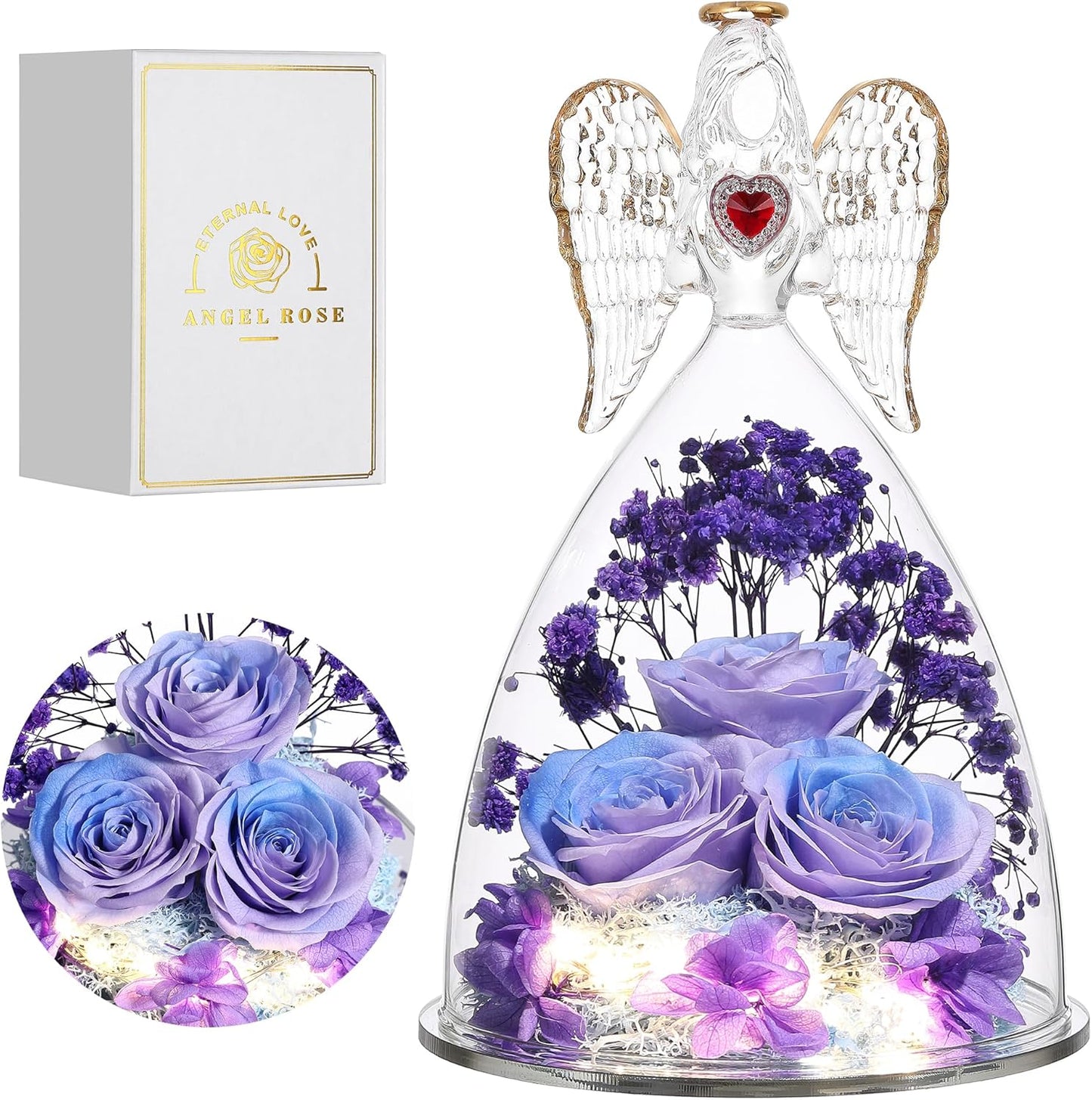 Mothers Day Rose Gifts for Women, Large Angel Figurines with Real Roses, Preserved Real Flower Rose for Her - Purple Blue