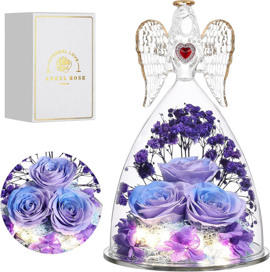 Mothers Day Rose Gifts for Women, Large Angel Figurines with Real Roses, Preserved Real Flower Rose for Her - Purple Blue