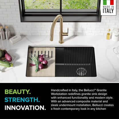 KRAUS Bellucci 30” in. Undermount Workstation Granite Kitchen Sink in Metallic Black with Accessories, KGUW2-30MBL