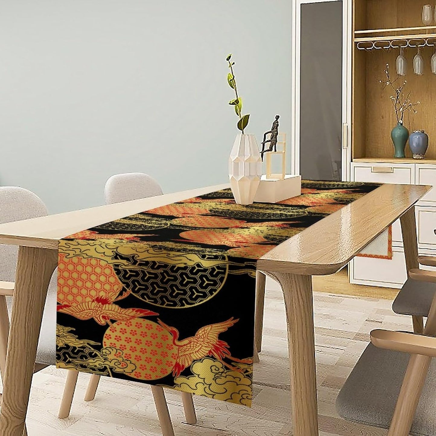 Japanese Crane Table Runner, Luxury Asian Style Oriental Line Art Abstract Geometry Glod Wave Traditional Elements Table Runner for Kitchen Home Party Dinner Set, 13x120 Inch