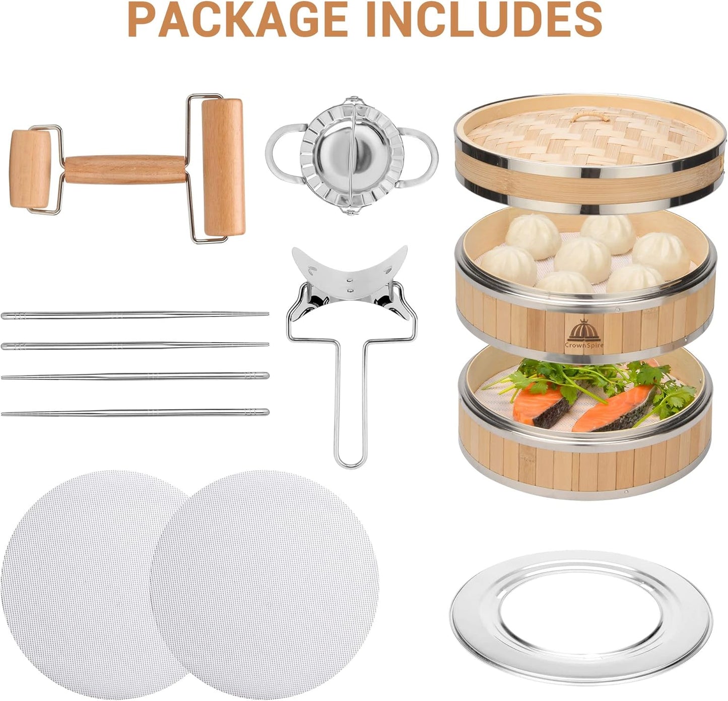 2 Tier Bamboo Steamer | Bamboo Steamer Basket with Reusable Silicone Liner | Food Dim Sum Kit for Cooking Baby Bao Bun, Rice, Vegetable, Fish and Meat