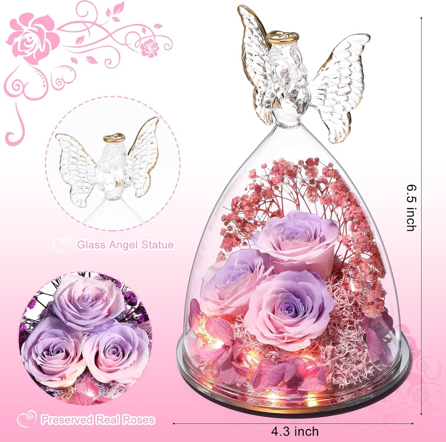 Mothers Day Mom Gifts for Women Preserved Flowers in Glass Angel Forever Flowers Gifts Eternal Roses Gifts for Grandma, PinkpurplePink