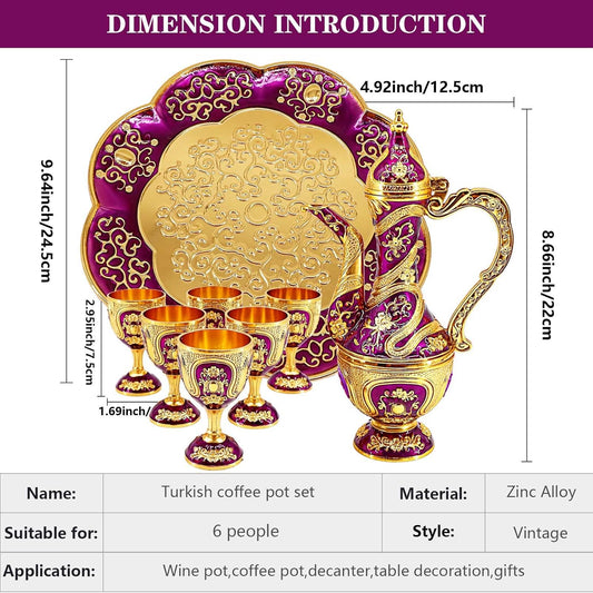 Vintage Turkish Coffee Pot and Cups Set,Tea Service Set Including Teapot,Tea Tray and Metal Cups for Wine Cabinet Decor,Wedding Ornaments (Gold and Purple)