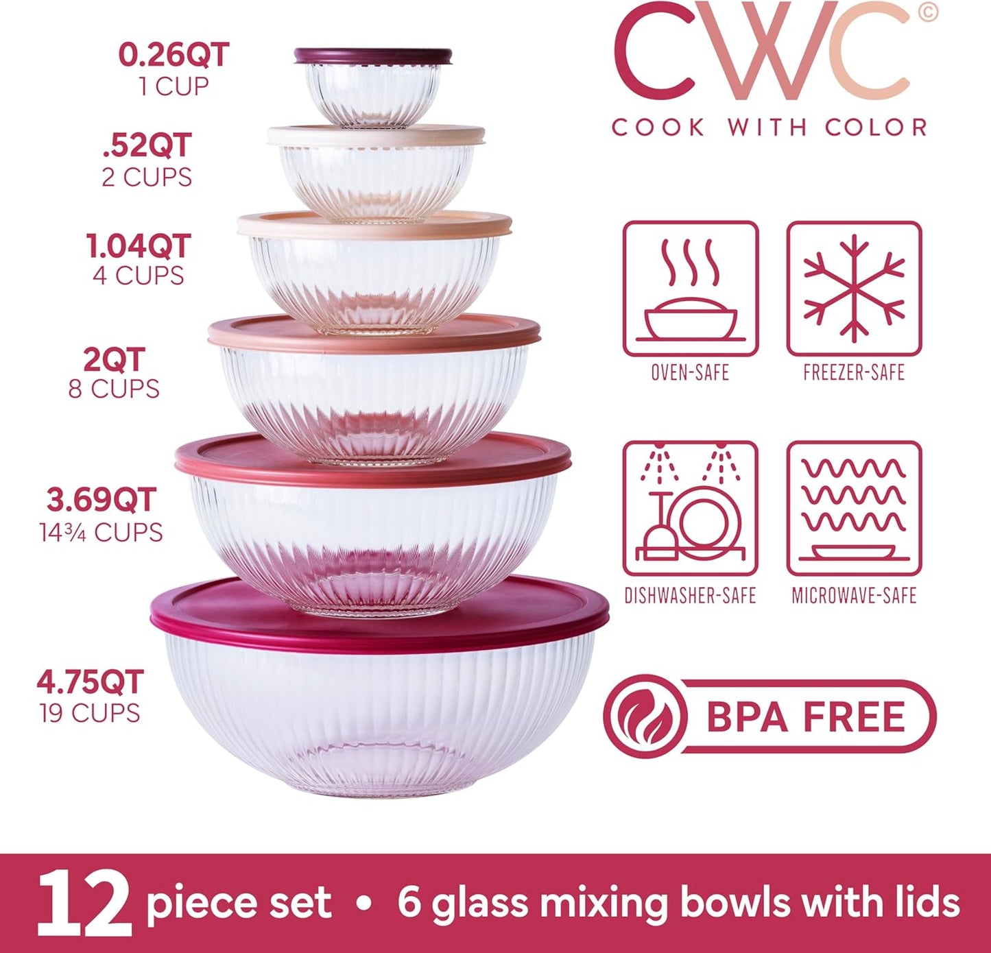 COOK WITH COLOR 12 Pc Glass Mixing Bowl Set with Lids – Borosilicate Glass Nesting Bowls for Cooking, Baking and Meal Prep, Fluted Rose