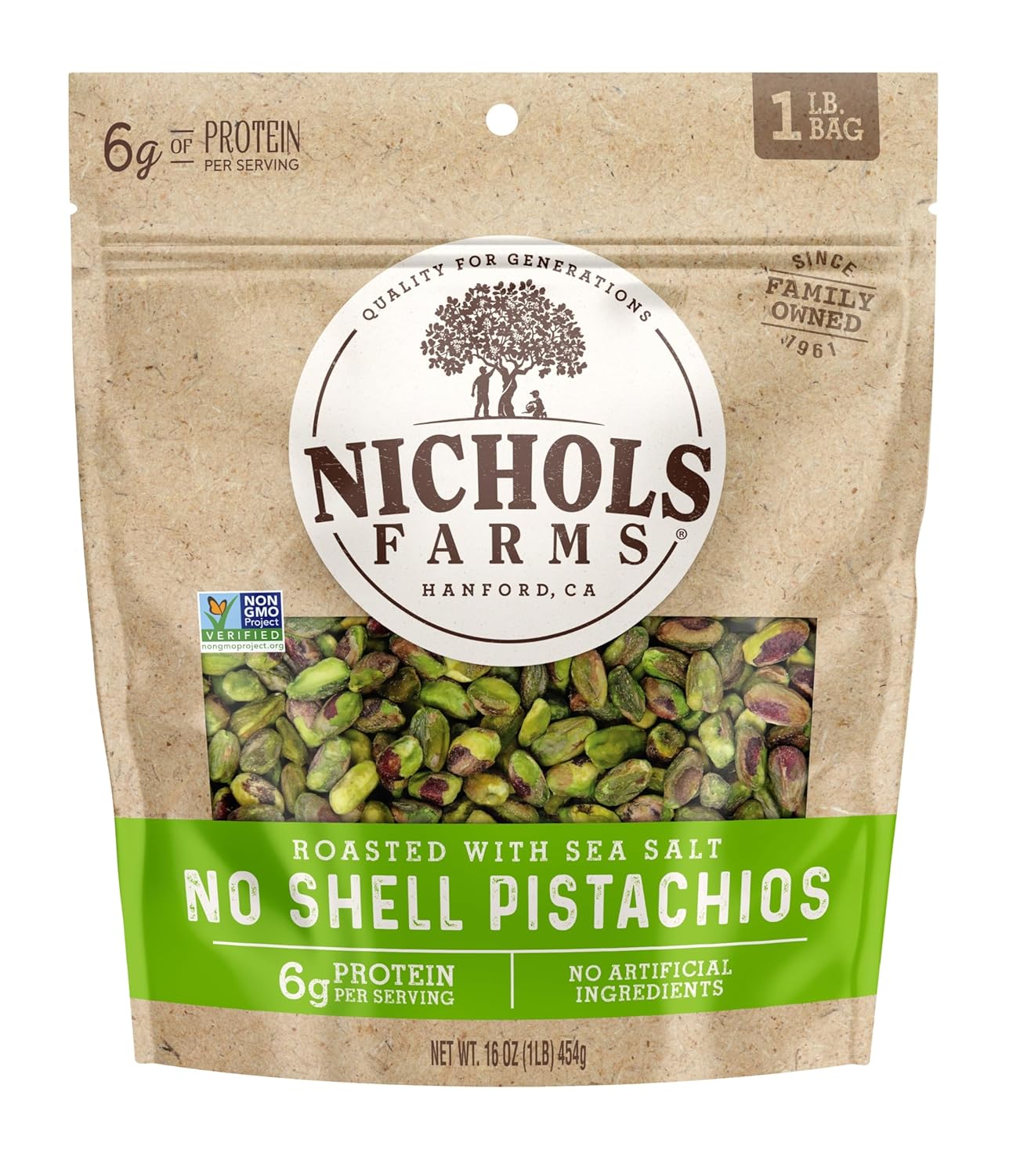 Nichols Farms No Shell California Pistachios, Healthy Protein Snack, Roasted with Sea Salt, 1LB