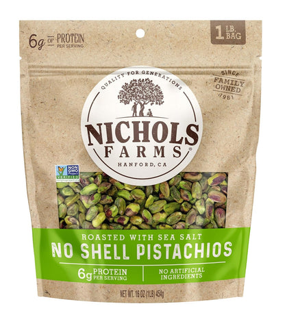 Nichols Farms No Shell California Pistachios, Healthy Protein Snack, Roasted with Sea Salt, 1LB