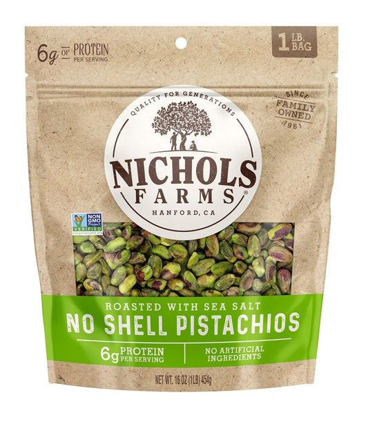 Nichols Farms No Shell California Pistachios, Healthy Protein Snack, Roasted with Sea Salt, 1LB