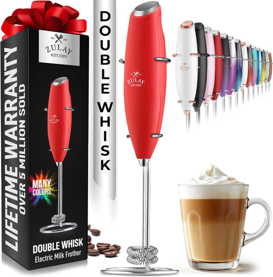 Zulay Kitchen Powerful Double Whisk Milk Frother Handheld - Foam Maker With Stand - Whisk Drink Mixer for Coffee, Mini Foamer for Latte, Matcha, Frappe, Hot Chocolate & Cappuccino (Cardinal Red)