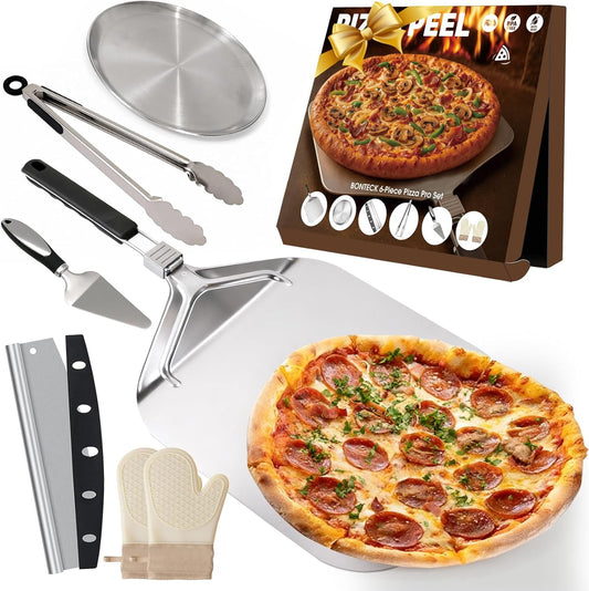 Pizza Peel Aluminum Metal Pizza Spatula Kit | 12x14 Inch Foldable Handle Paddle | 6Pcs Pizza Oven Accessories with Rocker Cutter, Pizza Pan, Pizza Server, Oven Mitts, for Family Oven Baking