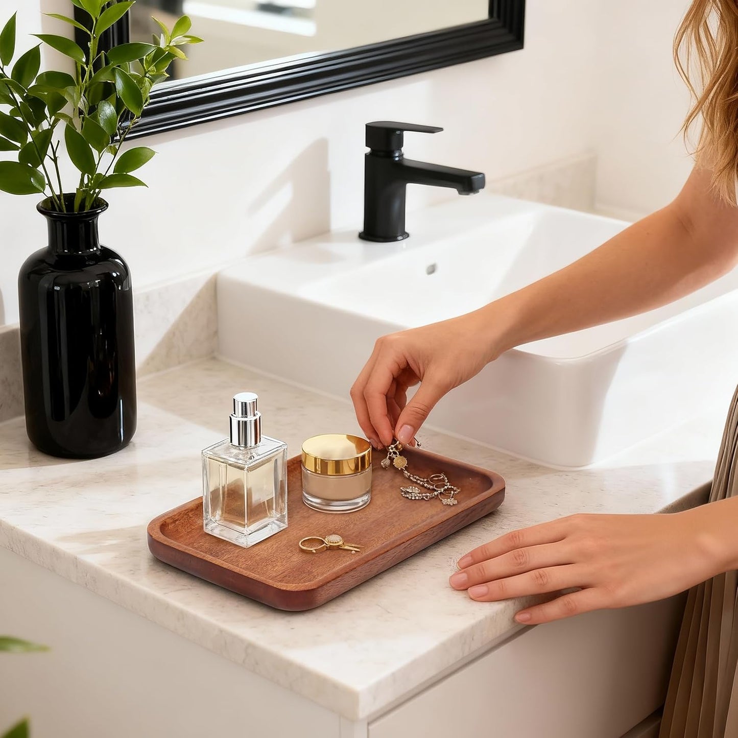 Solid African Ebony Wood Tray Set, 2-Pc Handmade, 9"x5.1" & 8.5"x4.5", for Bathroom Counter Organization, Vanity Tray, and Charcuterie Board, to Neatly Hold Candles, Perfume, and Jewelry