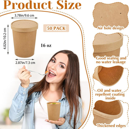 Sabary 50 Pack 16 oz Paper Soup Containers with Lid Disposable Kraft Soup Food Bowl Microwavable Food Storage Ice Cream Containers Nice for Restaurants(Brown)