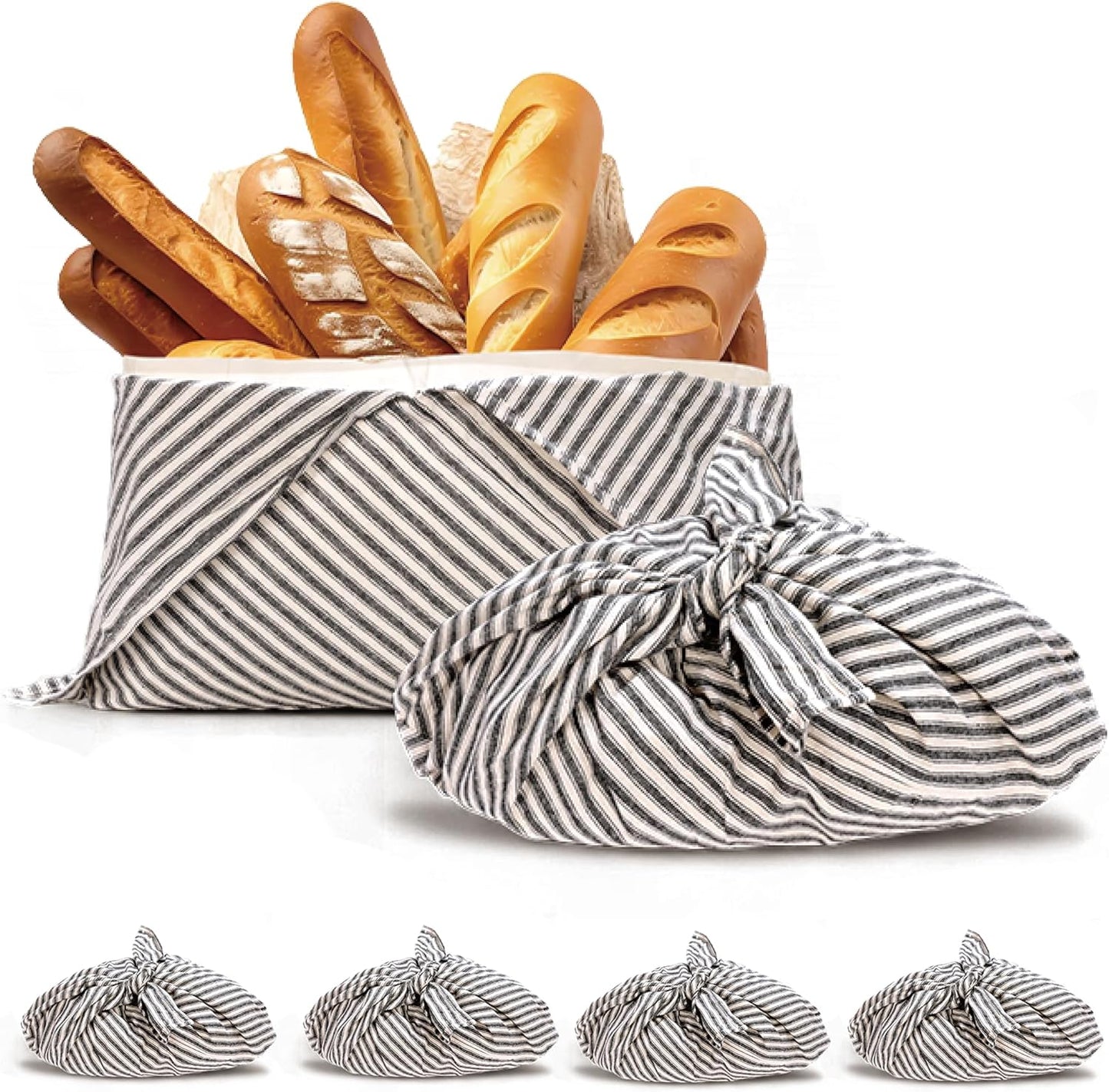 yeload 4 Pack Beeswax Bread Bags, Striped Linen Bento Bags, 14" Cotton Loaf Bag, Reusable Organic Food Storage, Sourdough Bag, Rustic Farmhouse Azuma Bukuro Origami Wrap for Baked Gifts (Black, 4)