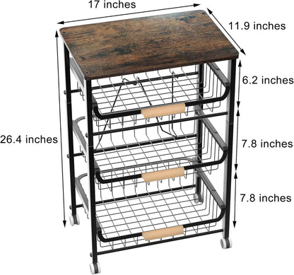 4-Tier Fruit Basket, Pull-Out Kitchen Storage Cart with Wooden Tabletop and Mesh Baskets, Mobile Kitchen Organizer Cart with Wheels, Pantry for Fruit/Potato/Onion/Vegetable/Snack