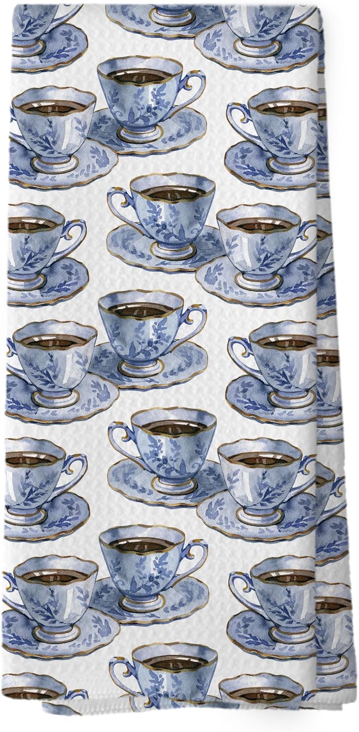 Vintage Teacups Kitchen Dish Towels, Blue and White Coffee Cups Kitchen Decor, Coffee Tea Lovers Gifts for Women, Tea Time Hand Towels Kitchen Bathroom Tea Towels Decorations, 16x24inch