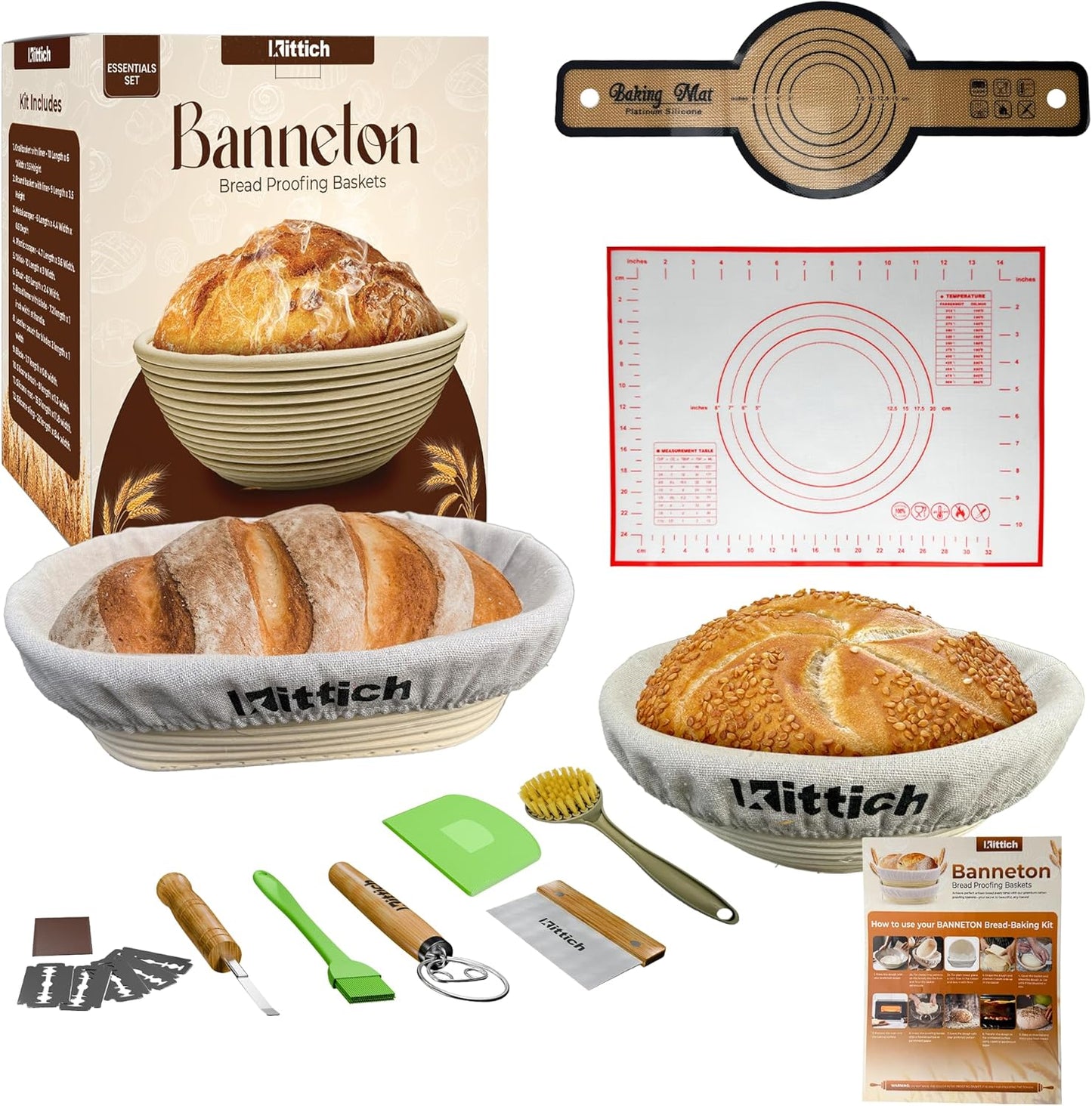 KITTICH Banneton Bread Proofing Basket with Essentials Set, 10 Inch Oval and 9 Inch Round Rattan Baskets with Linen Liners, Perfect for Sourdough Starter Kit - Sourdough Bread Baking Supplies