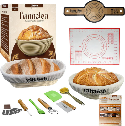 KITTICH Banneton Bread Proofing Basket with Essentials Set, 10 Inch Oval and 9 Inch Round Rattan Baskets with Linen Liners, Perfect for Sourdough Starter Kit - Sourdough Bread Baking Supplies