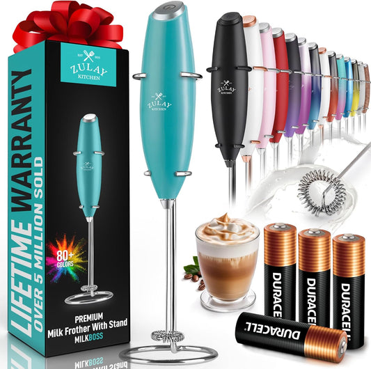 Zulay Kitchen Powerful Milk Frother Wand With 4 AA Duracell Batteries - Ultra Fast Handheld Drink Mixer - Electric Whisk Foam Maker for Coffee, Lattes, Cappuccino, Matcha & Creamer