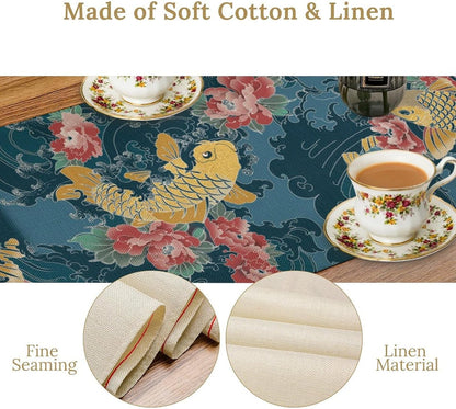 Asian Jio Fish Table Runner, Chinese Style Floral Oriental Table Runner for Holiday Party Kitchen Study Living Room Home Bedroom Blue Wave 13x120 Inch